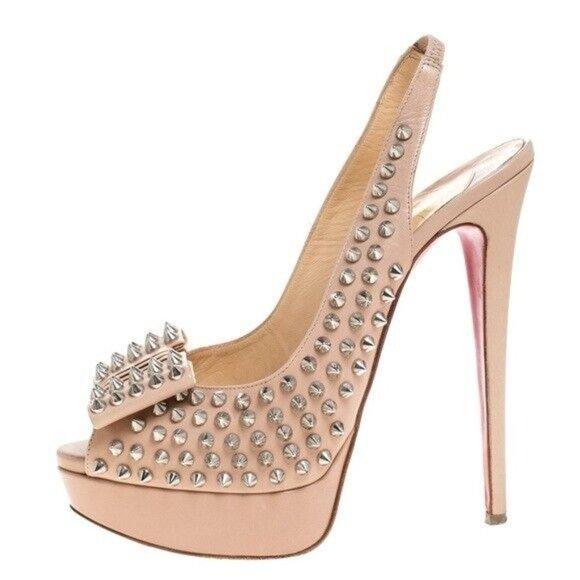 Louboutin Nude Leather Clou Spikes Studded Designer Platform Slingbacks Pumps 37 - Picture 8 of 13